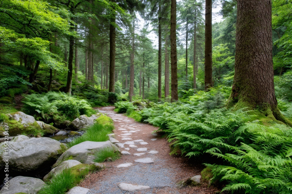 Naklejka premium Stone path winding through lush green forest with ferns and stream