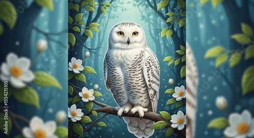 Majestic Snowy Owl Perched Serene Amidst Enchanted Forest Bloom
