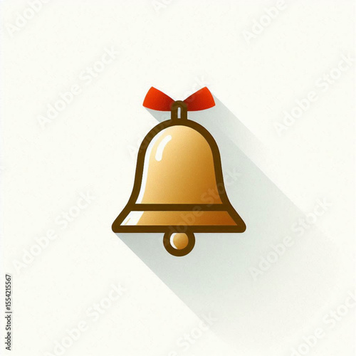 A golden bell with a red bow casting a long shadow on white background.