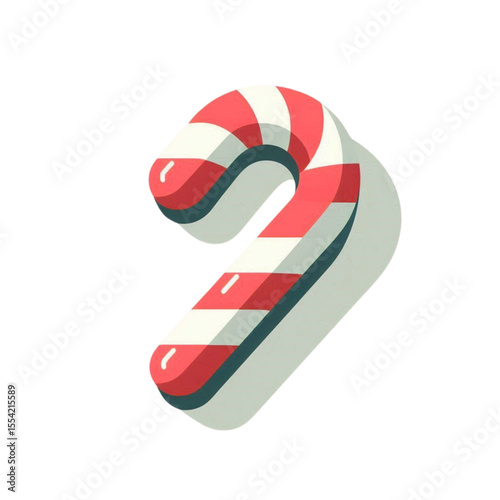 Cartoon candy cane illustration with red and white stripes, casting a shadow on a white background.