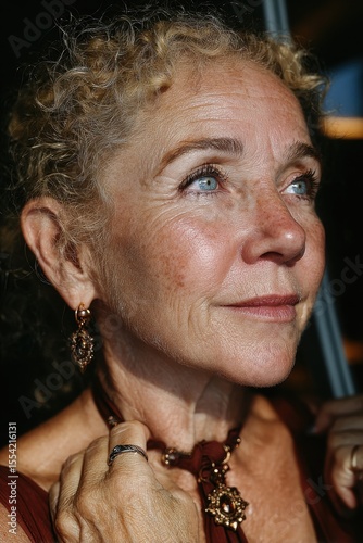 A smiling older woman with blue eyes and curly hair gazes upward in sunlight, wearing intricate earrings and a red dress.