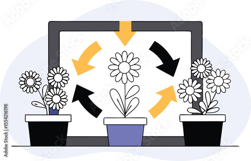 A closed-loop diagram showing enzymes converting molecules into flowers