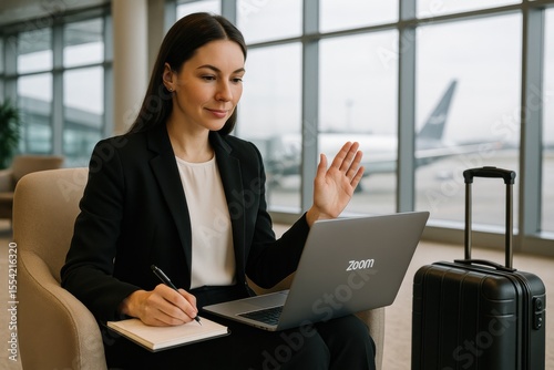 Businesswoman works on laptop at airport lounge with suitcase and notebook, preparing for travel while staying productive remotely.