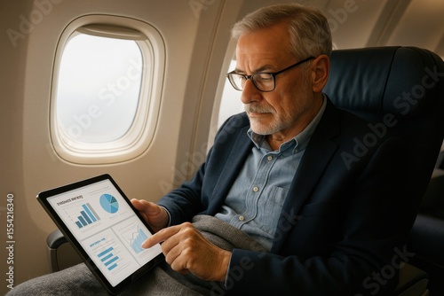 Senior man analyzing data charts on tablet during flight, working comfortably in airplane seat with business attire.