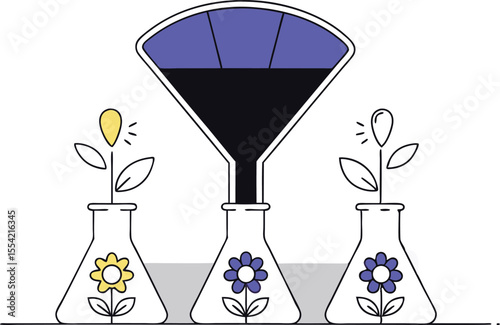 A lab funnel dripping colorful cartoon chemicals that transform into blooming flowers as they flow down