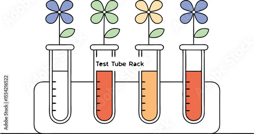 A vector test tube stand with each tube sprouting different toon-style flowers