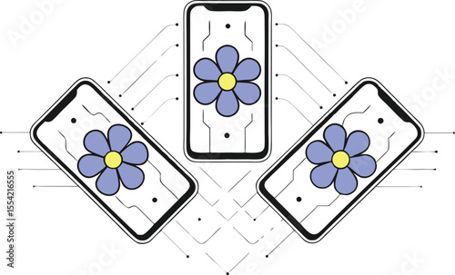 Background styled like a PCB circuit board but with flowers at each node and trace
