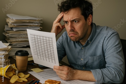 A frustrated office worker stares at a printed spreadsheet, surrounded by documents and snacks, symbolizing data overload and confusion.