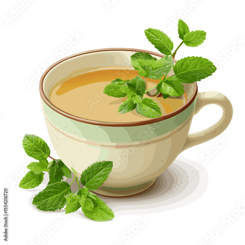 Ceramic Cup of Fresh Mint Tea with Mint Leaves