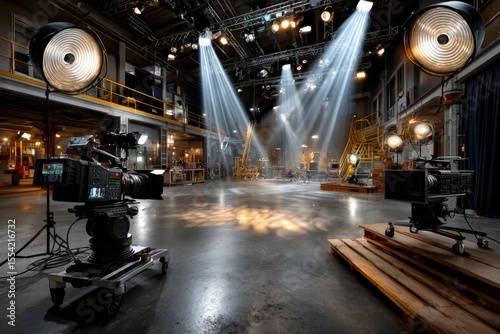 A professional film studio with advanced lighting setup and cinema cameras, ready for high-end video production and broadcast.
