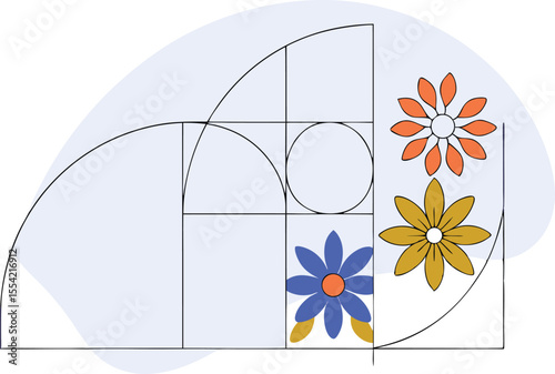 Flowers arranged in a golden-ratio spiral path, with molecular structures tucked subtly in their centers