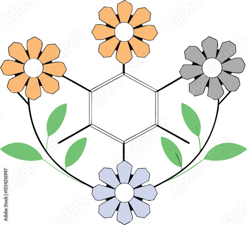 Flowers arranged like an organic molecule diagram with stems forming hexagonal