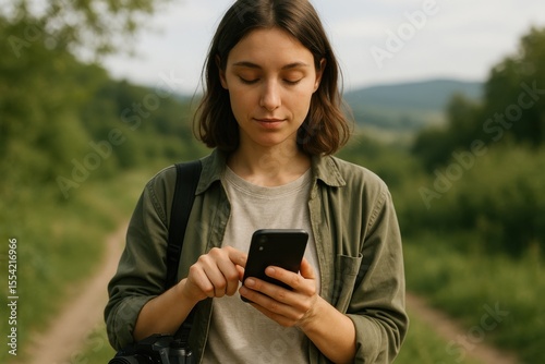 A young woman standing on a trail in nature, focused on her smartphone, with a camera strapped over her shoulder.