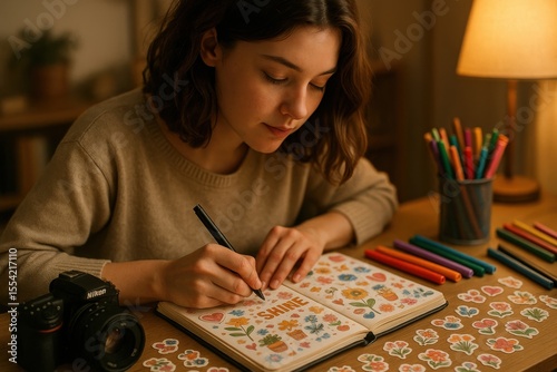 A young woman draws colorful floral designs in a notebook under a warm lamp, surrounded by pens and stickers.