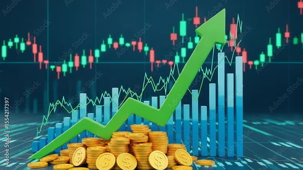 Financial Growth Concept with Upward Arrow Blue Graph and Gold Coins Stack on a Blue Background