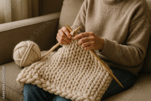 A cozy indoor scene of someone knitting a chunky beige wool blanket with oversized wooden needles on a soft couch.