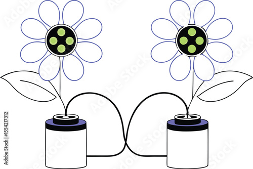 Vector flowers powering a circuit, with electrical flow moving from cartoon anode to cathode via vines