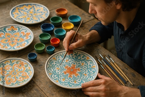 An artist paints intricate floral mandalas on ceramic plates using thin brushes and vibrant colors in a rustic workshop.