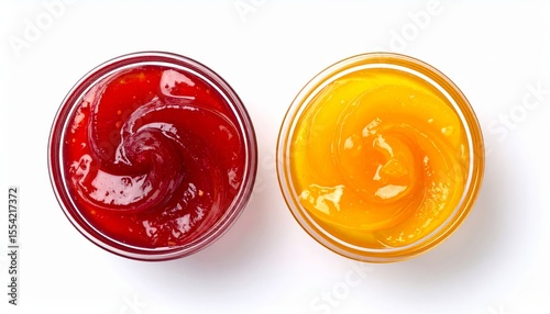 Red and yellow Easter eggs are sweetly isolated in a glass bowl, a delicious dessert or breakfast
