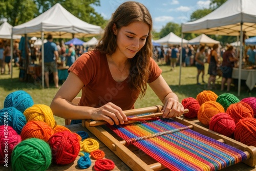 A young woman demonstrates colorful yarn weaving at a market fair, using a wooden loom surrounded by vibrant threads.