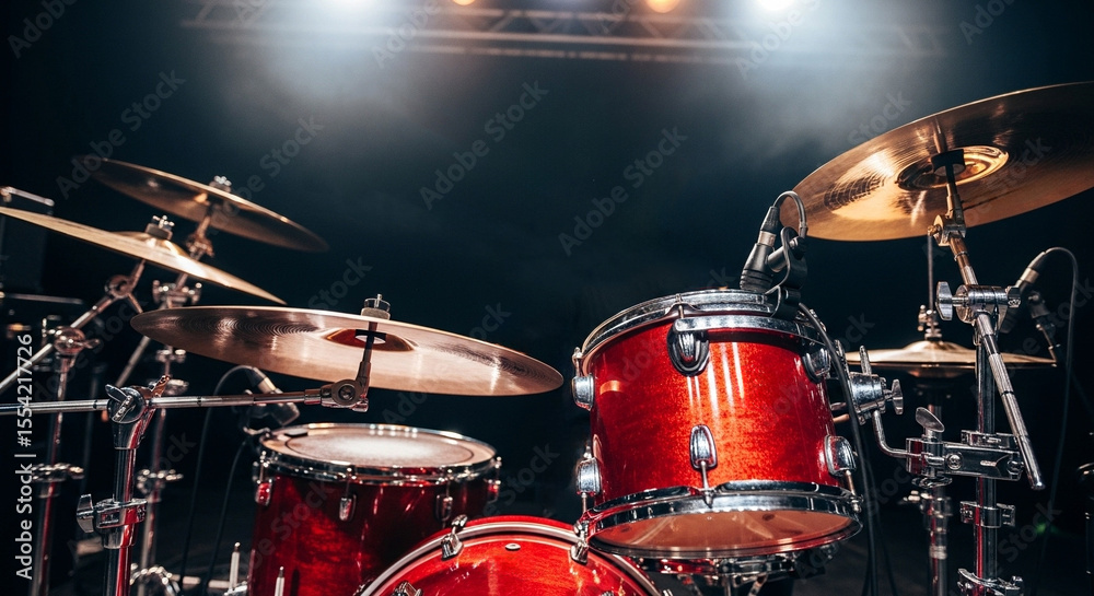 Obraz premium Red Drum Kit on a Concert Stage. A bright red drum kit sits on a dark stage under bright concert lights, ready for a live rock and roll music performance or band rehearsal. 