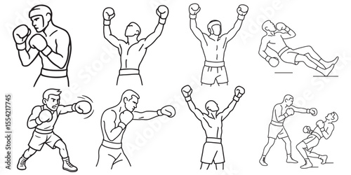 Boxing Vector Illustration – Fighter Punching, Knockout, Victory Pose, Sports Clipart Line Art