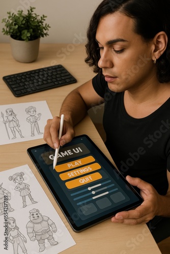 Person using a stylus on tablet displaying a game UI, surrounded by character design sketches and a keyboard on desk.