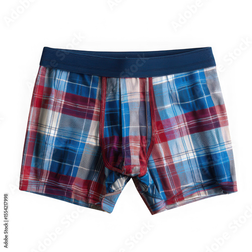 A pair of plaid boxer briefs with a blue waistband on a white background shot
