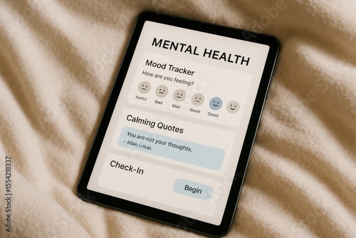 A tablet displays a mental health app with mood tracker and calming quotes, resting on a soft fabric surface in warm lighting.