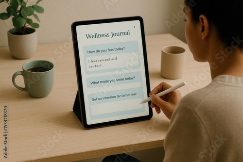 A person interacts with a wellness app on a tablet, writing answers to gratitude prompts in a peaceful home environment.