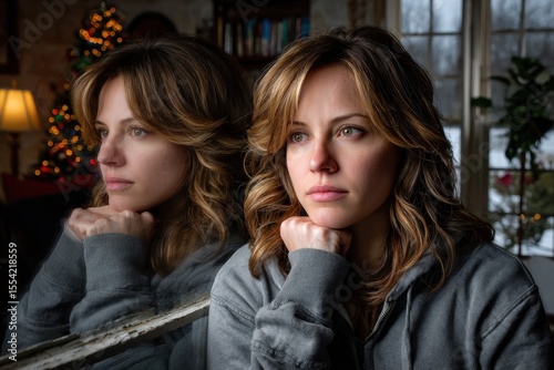 A woman rests her chin on folded hands by a frosted window, looking out with a reflective and slightly melancholic expression.