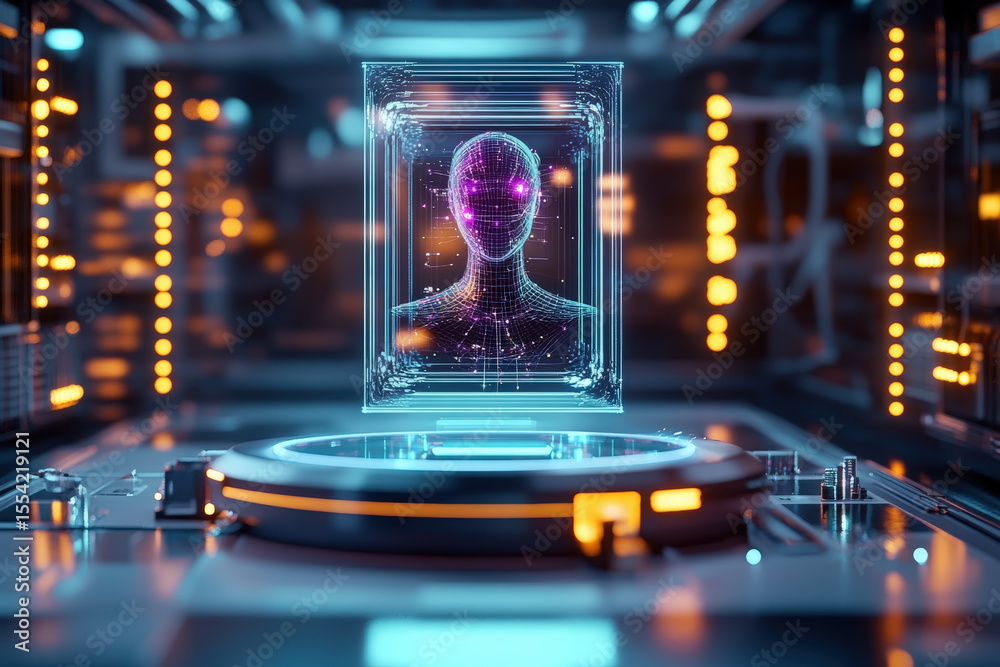 Fototapeta premium Digital AI hologram head in futuristic server room – cybernetic intelligence, neural network, sci-fi concept art