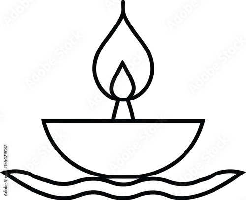 Festival Diya Floating on Still Water in Thin Outline
