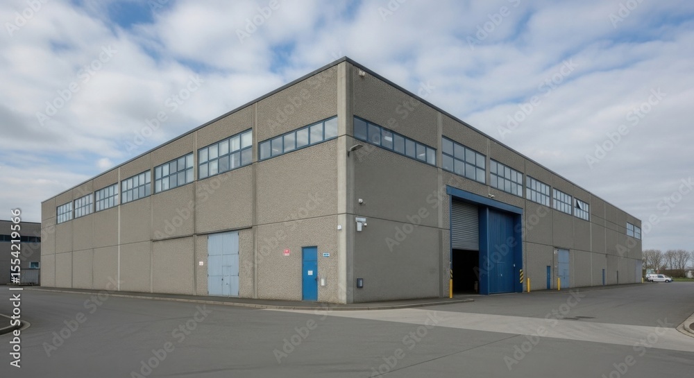 Modern Industrial Warehouse Building with Large Bay Doors and Multiple Windows Under a Cloudy Sky Modern Industrial Warehouse Building with Large Bay Doors and Multiple Windows Under a Cloudy Sky