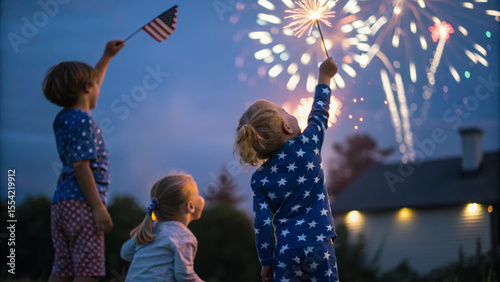 Independence day celebration. Children night fireworks celebration American flag pajamas outdoor joy, family gathering holiday, 4th july