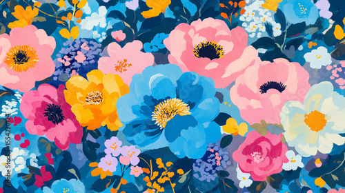The picture is full of brightly colored flowers in blue, pink, yellow, etc., forming a gorgeous floral pattern background.