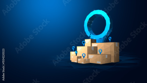 A futuristic representation of smart logistics, featuring boxes with location markers and a glowing digital element.