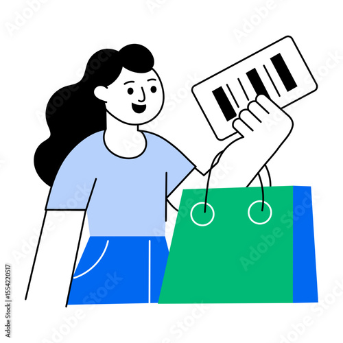 a A flat style illustration showing a purchaser with discount voucher 