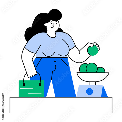 A flat style illustration showing woman doing grocery shopping
