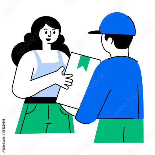 Flat style illustration showing delivery man bringing a package
