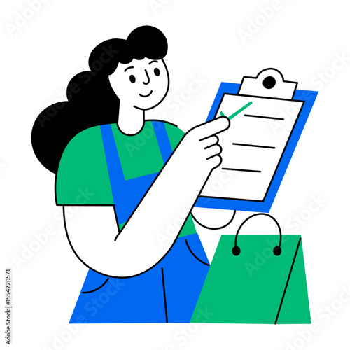 A flat style illustration showing a person checking a shopping list
