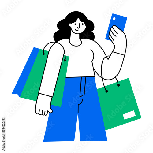 A flat illustration showing a character taking a shopping selfie 
