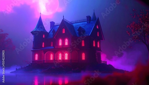 Mysterious Haunted Mansion In Snowy Landscape At Night With Pink And Purple Lighting