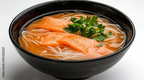Salmon Noodle Soup in Dark Bowl with Parsley Garnish
