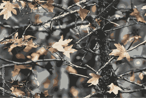 A camouflage pattern with leaves and branches, designed to mimic the forest environment for hunting. The design is for military outdoor activities.
