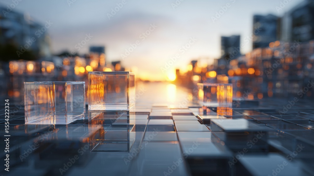 Obraz premium A futuristic city formed from glowing cubes, set against a vibrant abstract background, uses light effects and reflective surfaces to present a dynamic, tech-inspired cityscape.