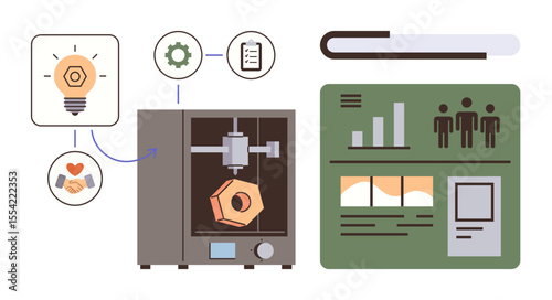 3D printer crafting object, innovation lightbulb, teamwork handshake, analytics dashboard, and gears linked. Ideal for innovation, collaboration, 3D printing, data analysis creativity development