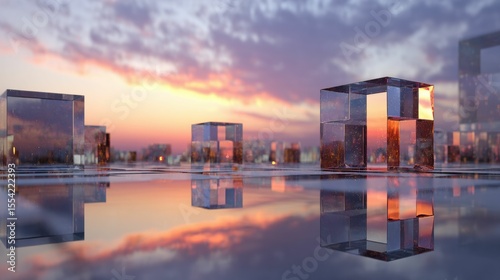 A futuristic city formed from glowing cubes, set against a vibrant abstract background, uses light effects and reflective surfaces to present a dynamic, tech-inspired cityscape.
