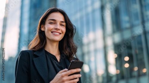 A young woman smiles while holding a smartphone in front of a glass building