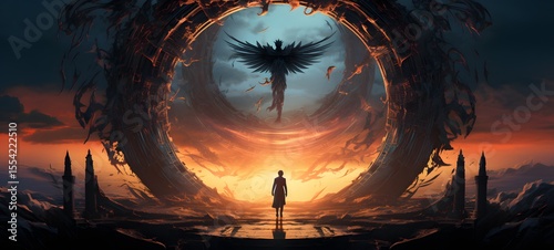 pop surreal unreal silhouettes spiral towards white garuda, ai generatif